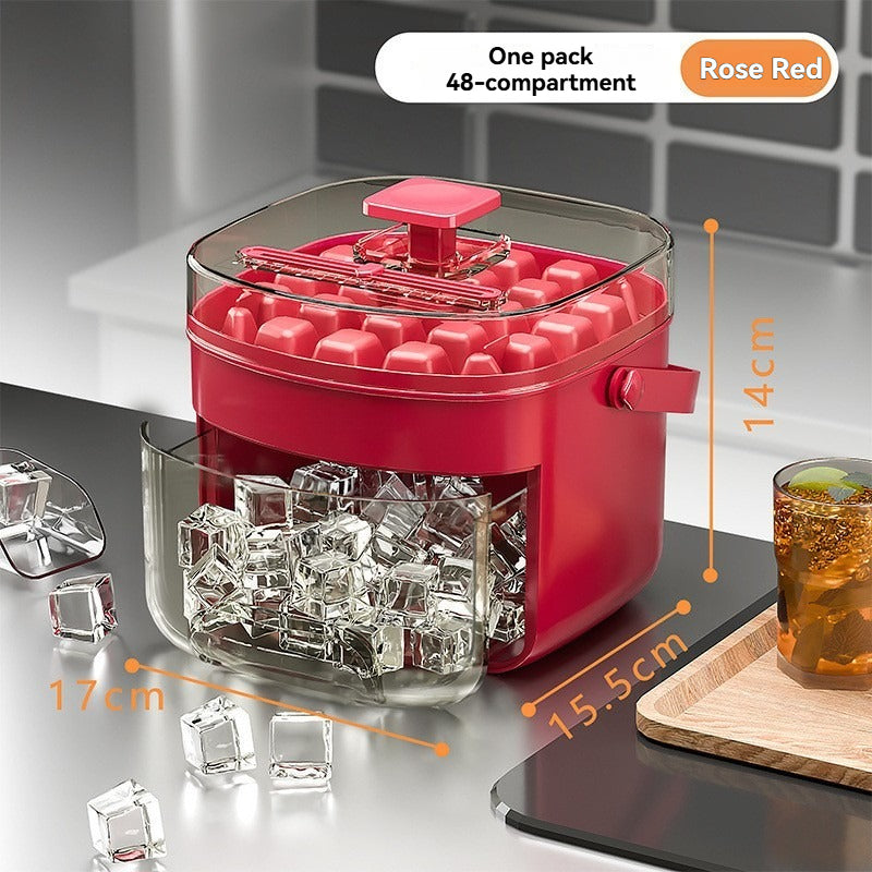 Rožinės spalvos ledo gaminimo forma su 48 compartmentais, skaidrus indas ledui.