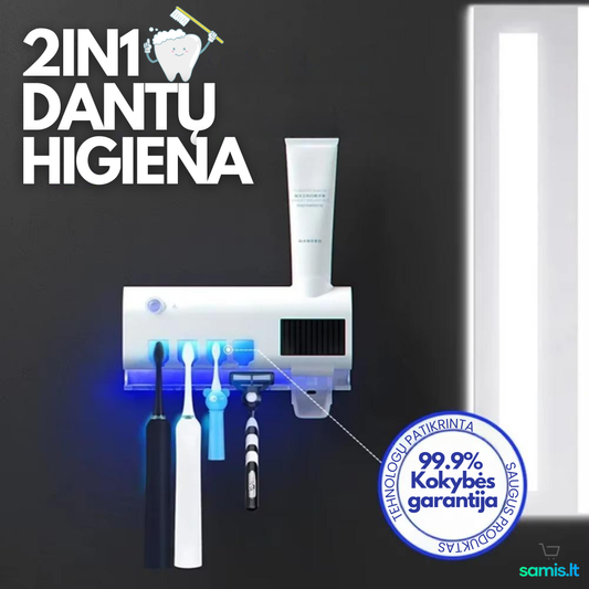 Inovatyvus dantų higienos įrenginys su UV sterilizatoriumi ir dantų pastos dozatoriumi