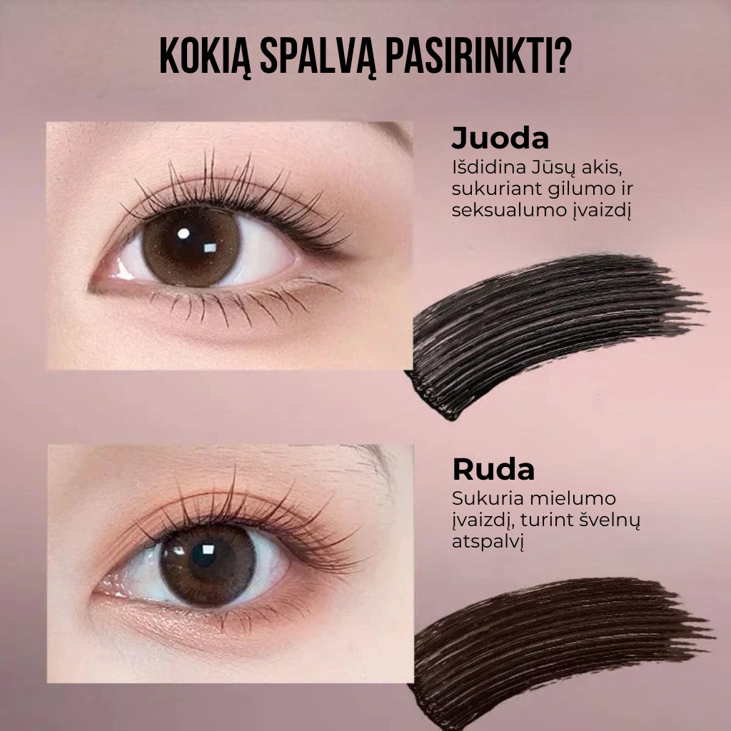 Vandeniui atsparus, nepaliekantis dėmių ir ilgai išliekantis blakstienų tušas.