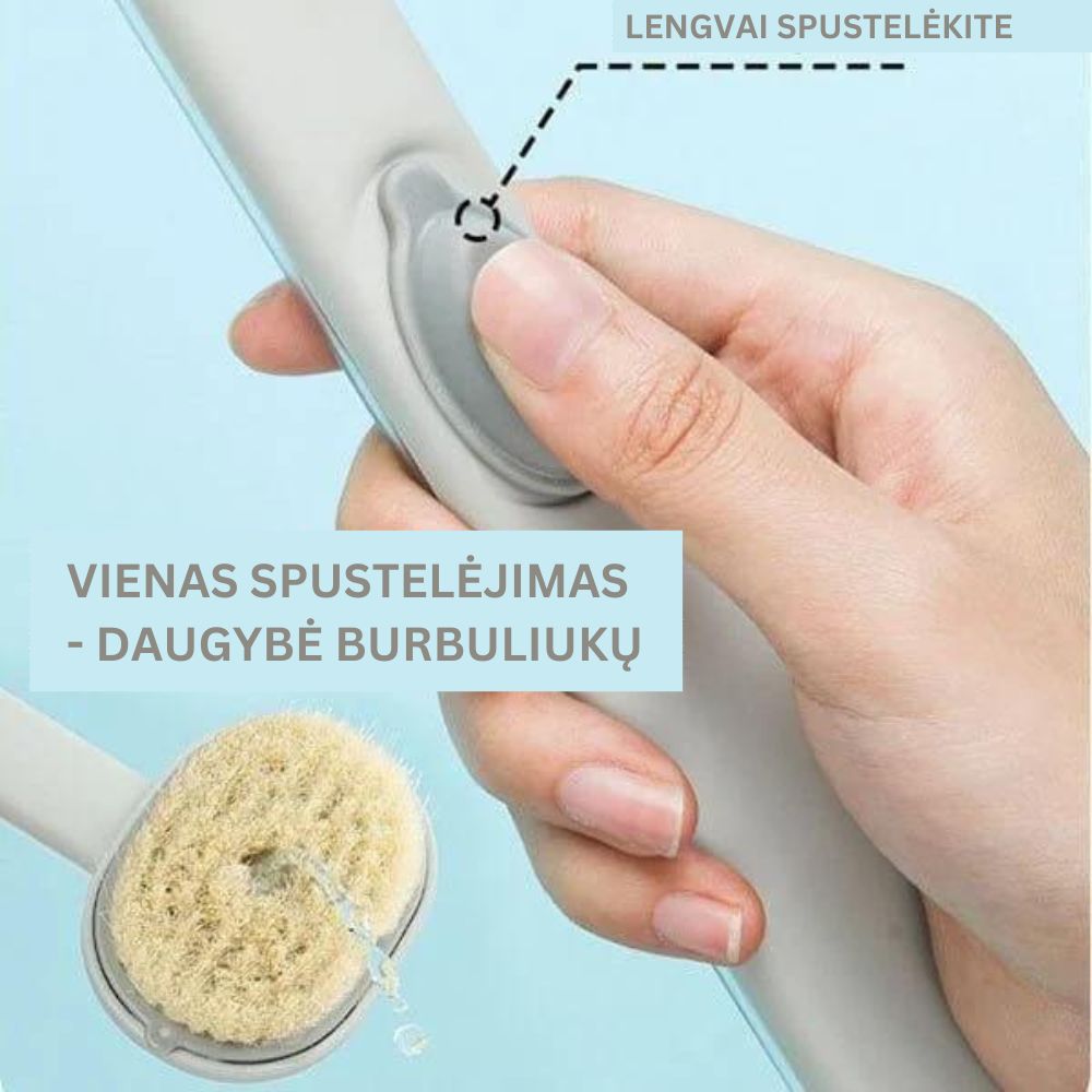 Masažuojantis vonios šepetys su ilga rankena