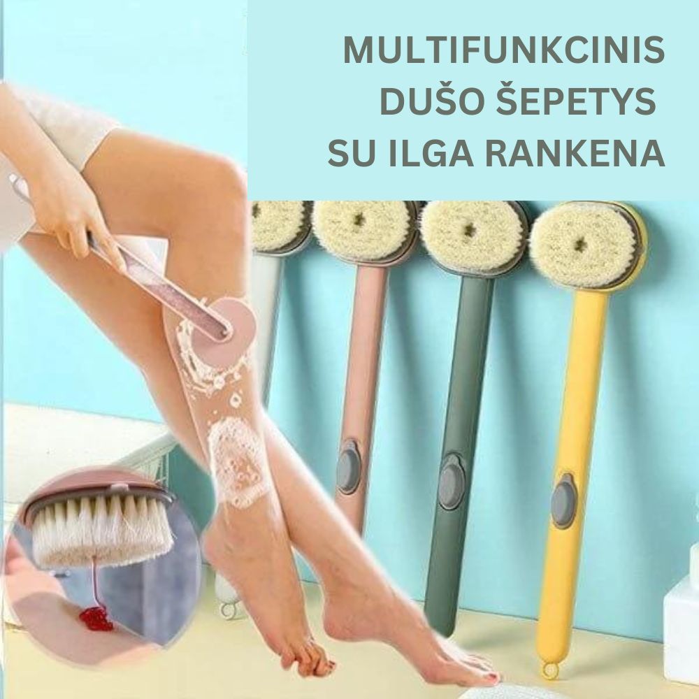 Masažuojantis vonios šepetys su ilga rankena