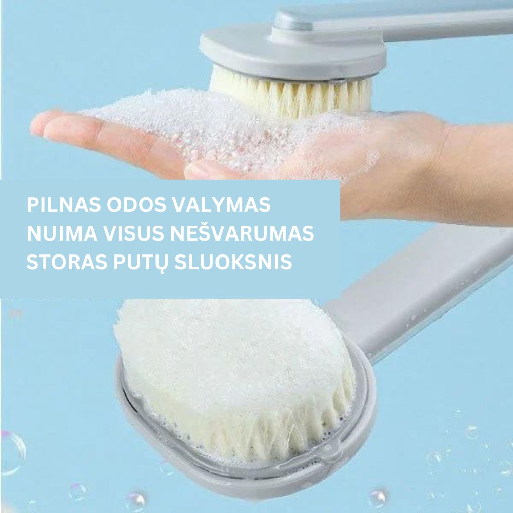 Masažuojantis vonios šepetys su ilga rankena