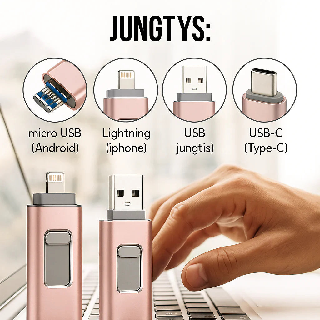 3-viename "Android" ir "iPhone", "iPad" USB atmintinė