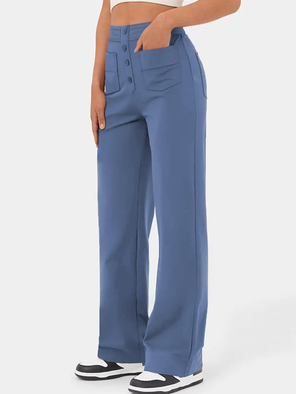 Vienspalvės laisvalaikio tiesios kelnės su aukštu juosmeniu