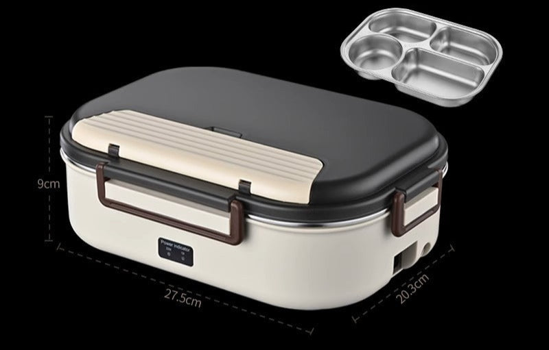 Juoda ir kreminė elektrinė maisto dėžutė su metaliniu padėklu.