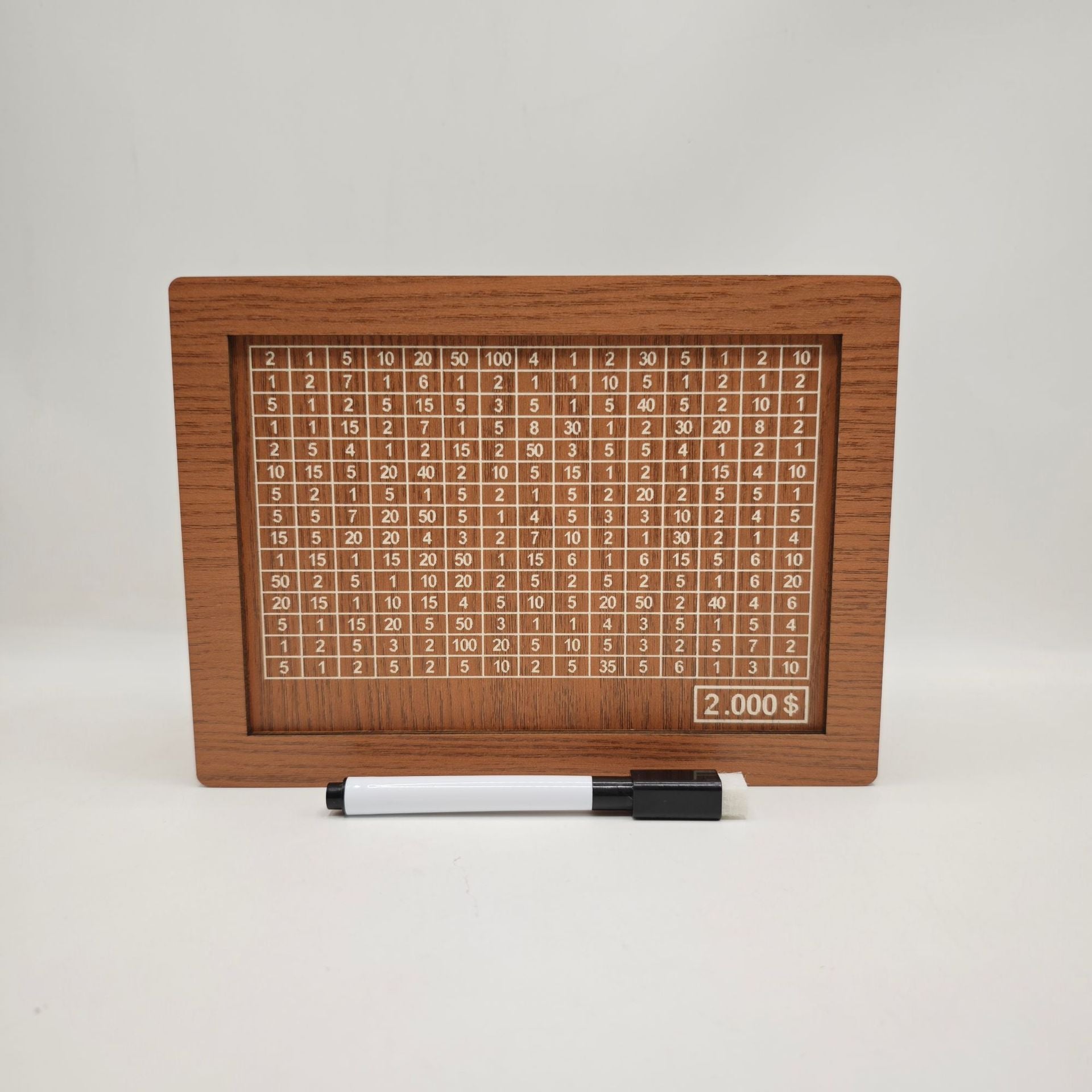 Medinis skaičiavimo lentelė su ruda tekstūra ir baltu rašikliu.