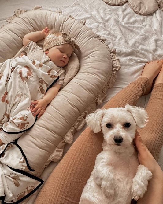 Miegantis vaikas minkštame, šviesiai rudos spalvos guolyje, šalia balto šuns.