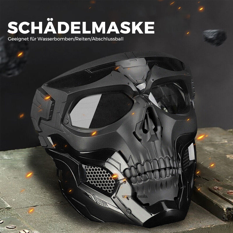 Kaukolės kaukė su tamsintais akinių lęšiais