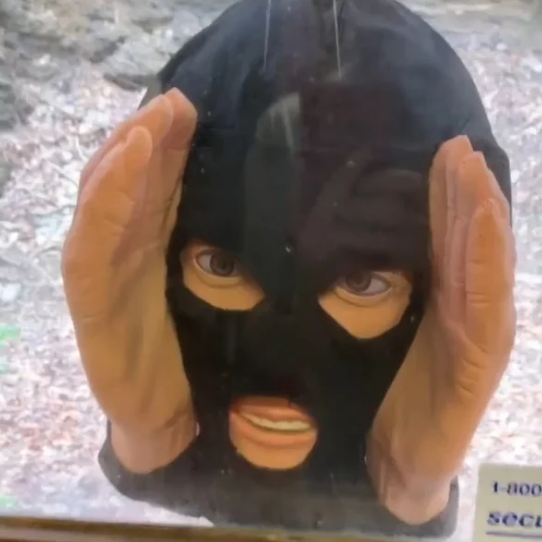 Prie lango tvirtinama šiurpi kaukė