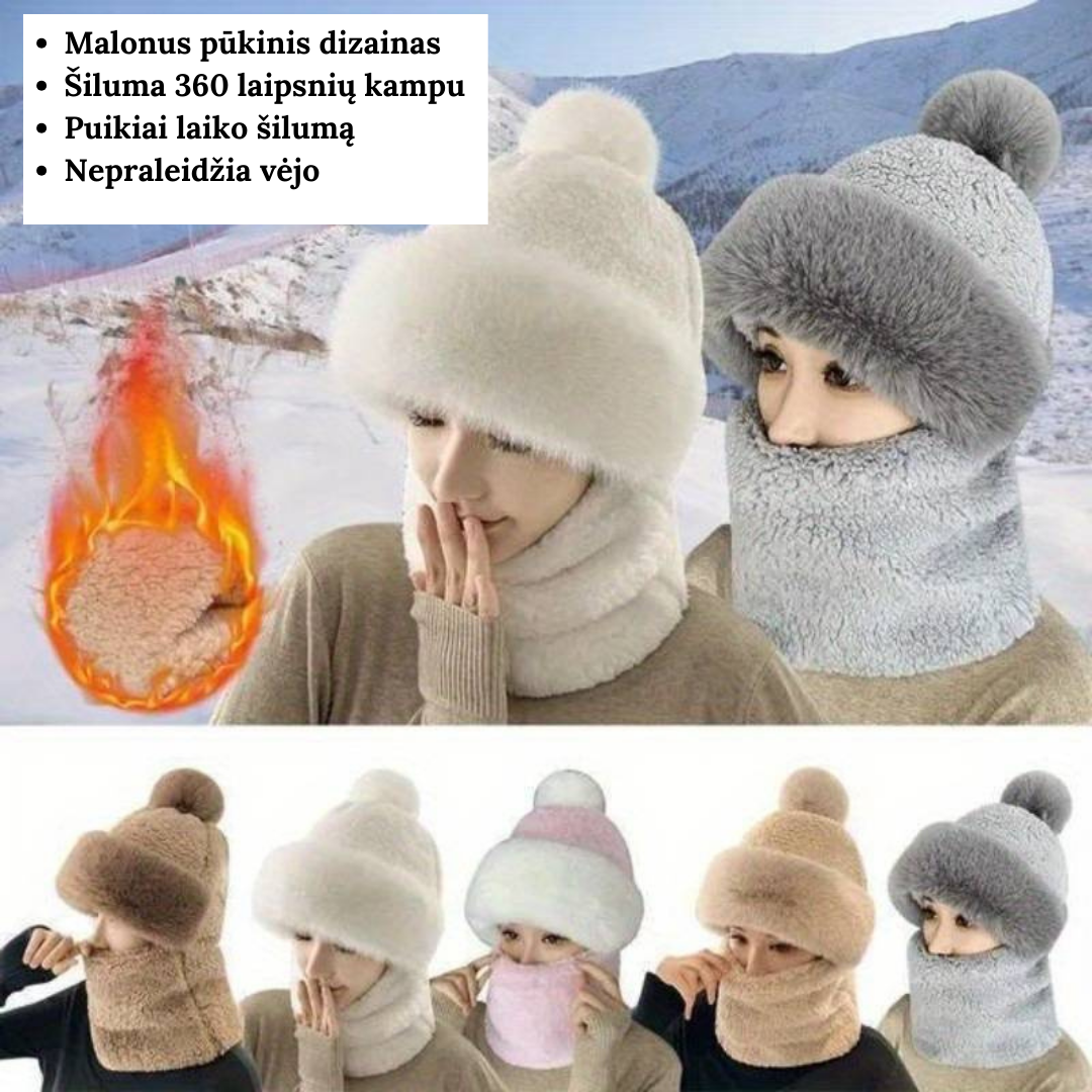 Pūkuota kepurė ir šalikas viename