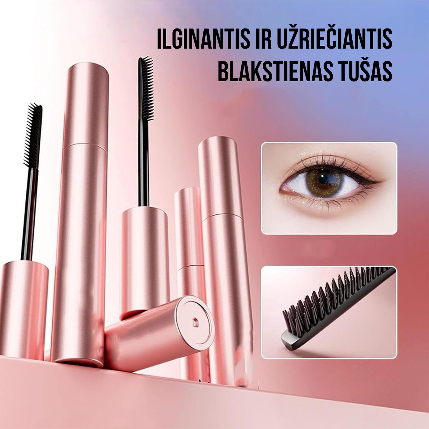 Vandeniui atsparus, nepaliekantis dėmių ir ilgai išliekantis blakstienų tušas.