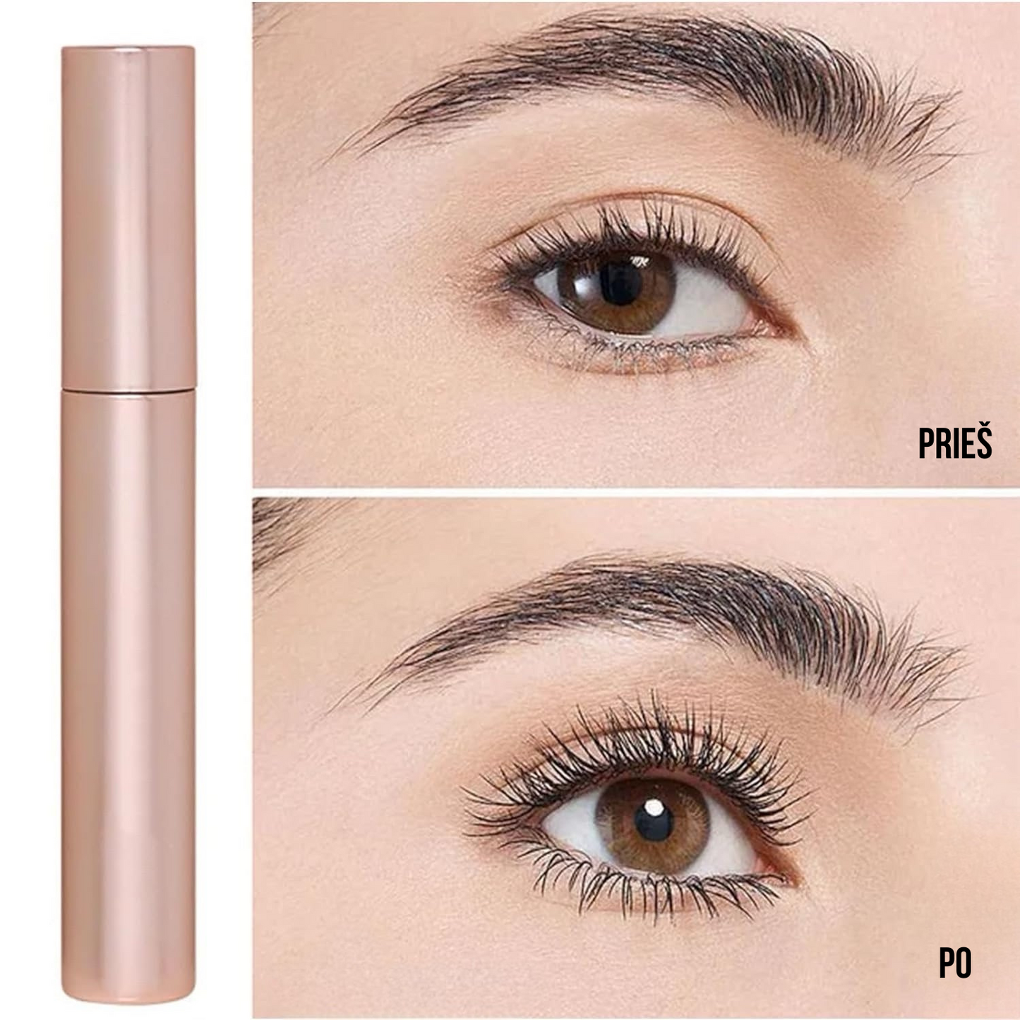 Vandeniui atsparus, nepaliekantis dėmių ir ilgai išliekantis blakstienų tušas.