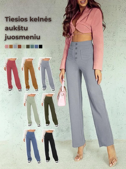 Vienspalvės laisvalaikio tiesios kelnės su aukštu juosmeniu