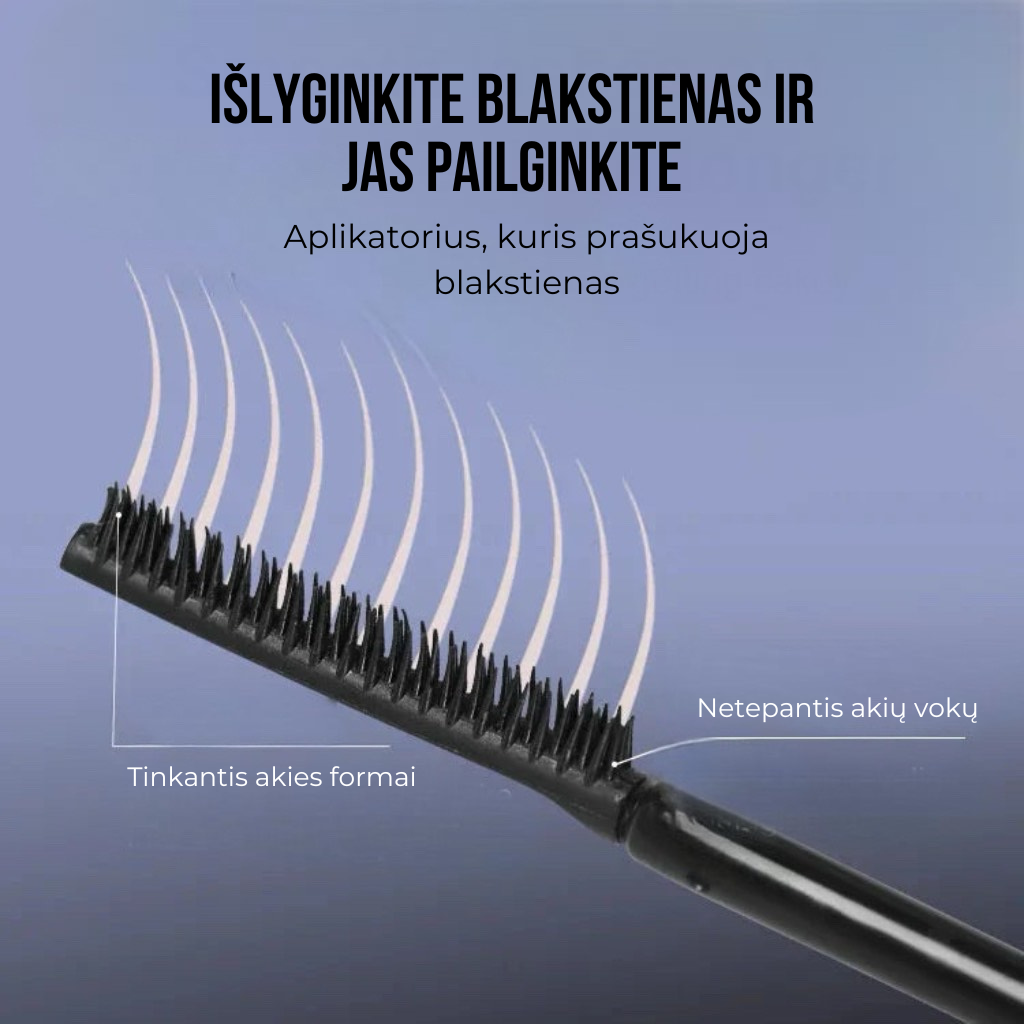 Vandeniui atsparus, nepaliekantis dėmių ir ilgai išliekantis blakstienų tušas.