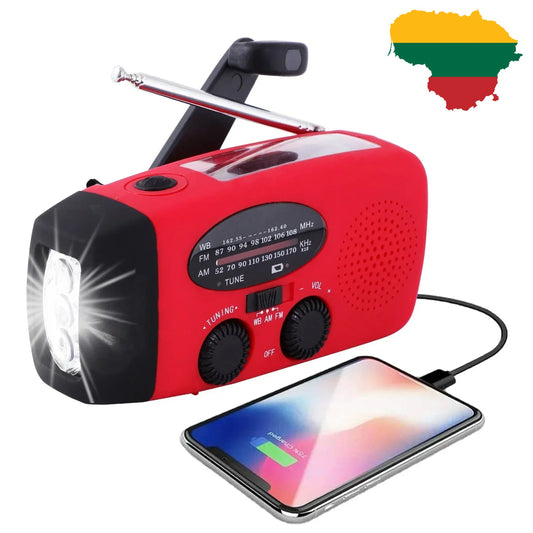 Radijas su powerbanku ir elektriniu generatoriumi – Visada Pasiruošęs Krizėms ir Katastrofoms!